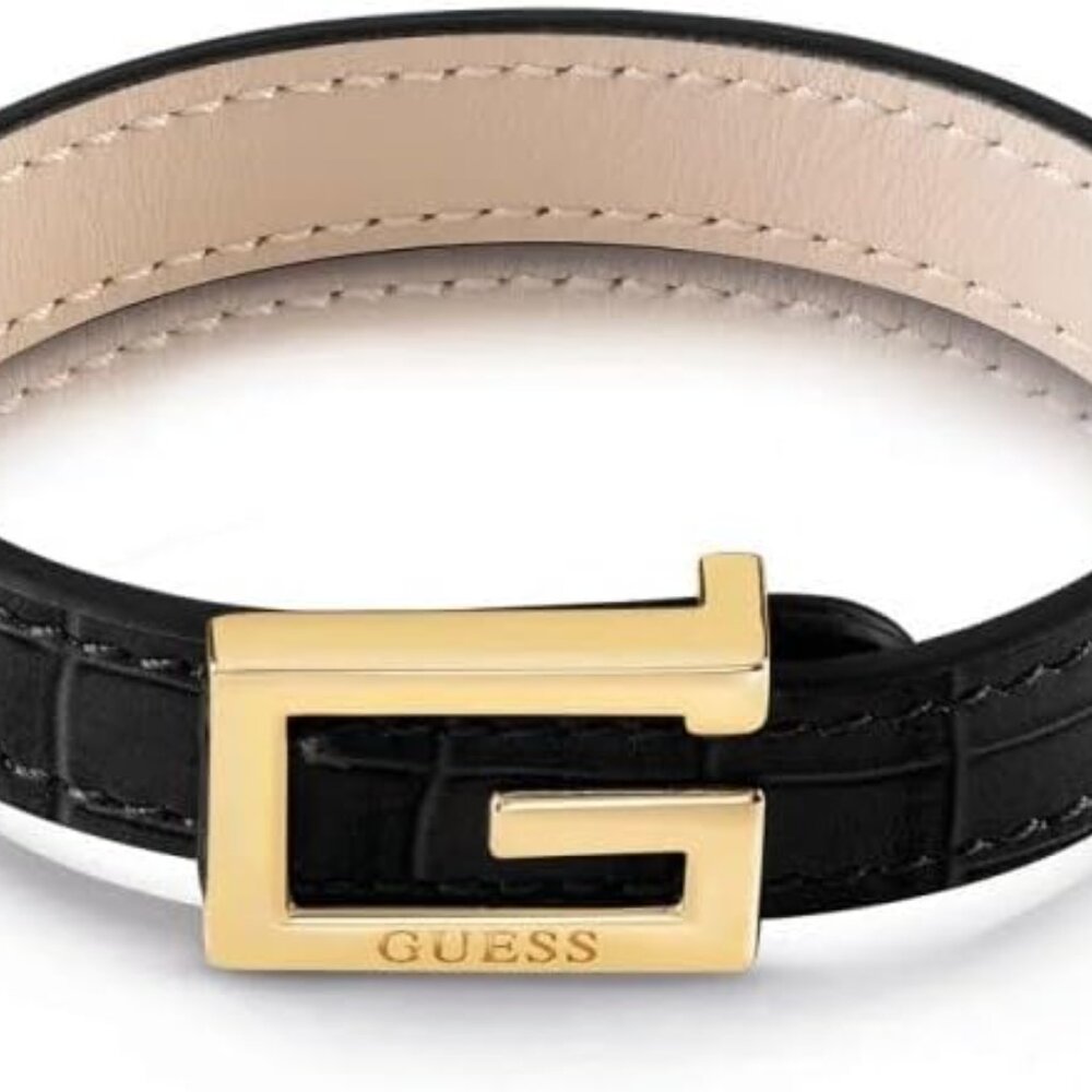 GUESS BLACK LEATHER BRACELET with CLASSIC GOLD EMBOSSED LOGO CLIP